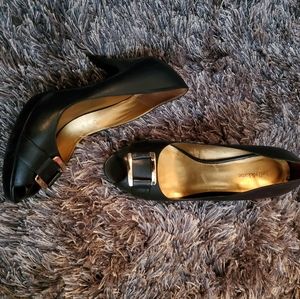 Black Leather Peep Toe w/Gold Tone Buckle